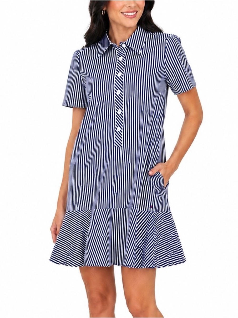 TOMMY HILFIGER Navy White Striped Button-Front Collared Ruffle Hem Dress